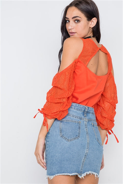 LIEK - Oranje Cold Shoulder Puff Sleeve Blouse KONINGSDAG