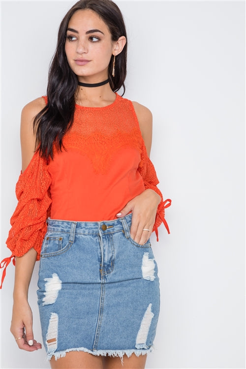 LIEK - Oranje Cold Shoulder Puff Sleeve Blouse KONINGSDAG