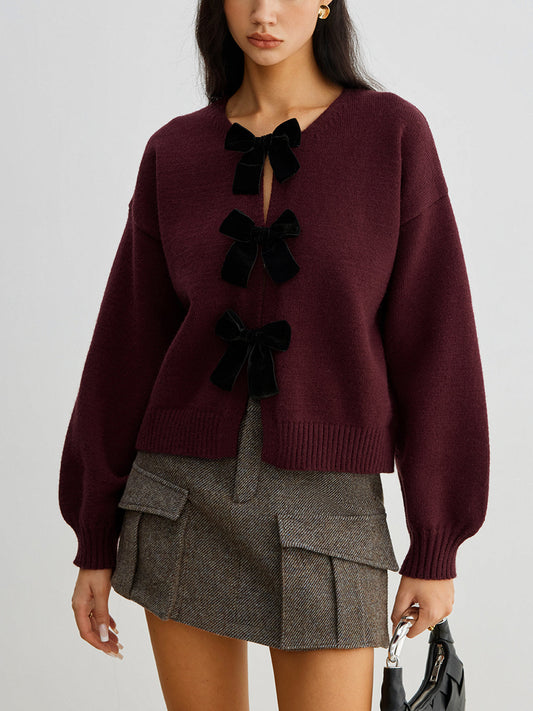 LOUÉN- Bordeaux Trui met velvet strik